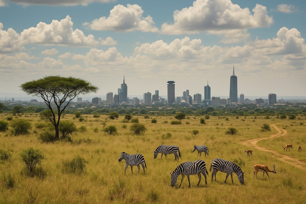 Nairobi National park with Nairobi city in the background.