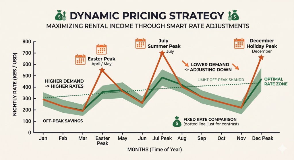 dynamic pricing strategy vacation rental Nairobi seasonal rate adjustment chart