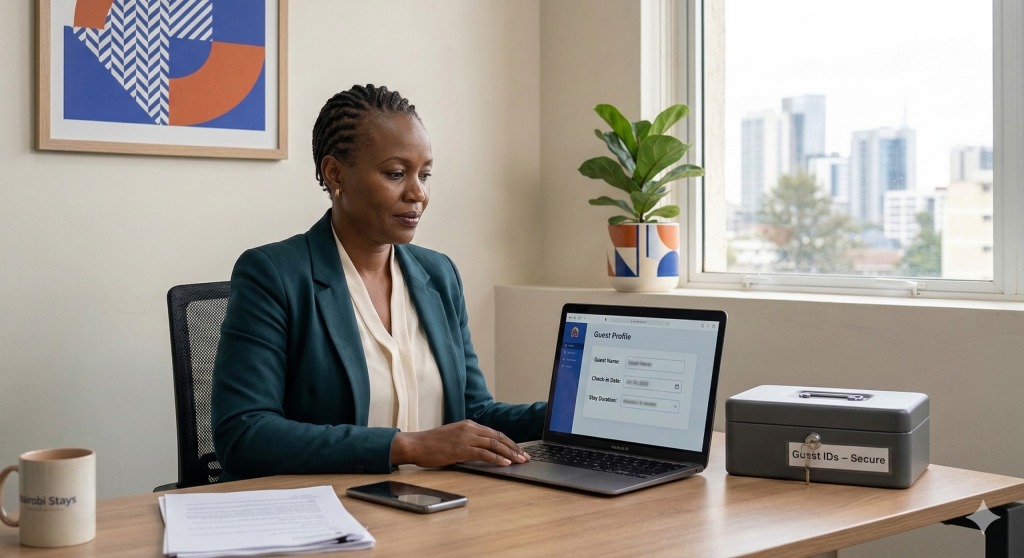 A professional Kenyan property owner reviewing legal compliance documents for a luxury short term rental in Nairobi.