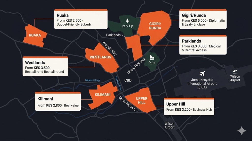Nairobi short stay apartments by neighbourhood map 2026 Westlands Kilimani Gigiri Trubay Stayz