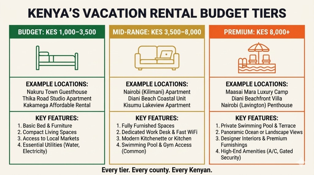 Kenya vacation rentals three budget tiers 2026 budget mid-range premium all regions Trubay Stayz