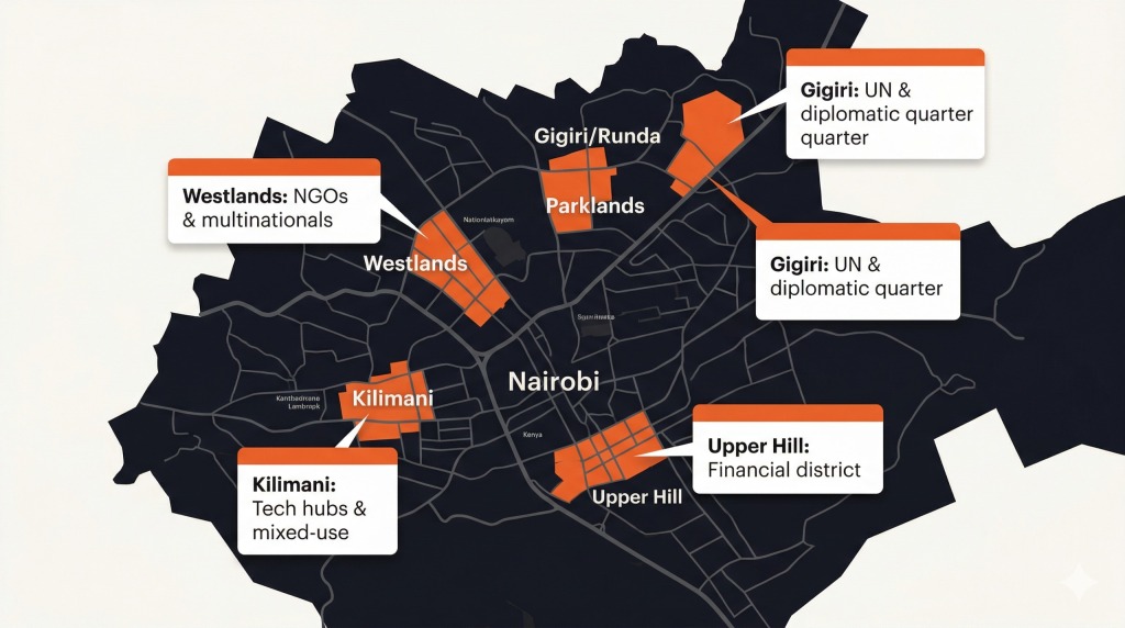 Nairobi business districts map serviced apartments Westlands Upper Hill Kilimani Gigiri 2026