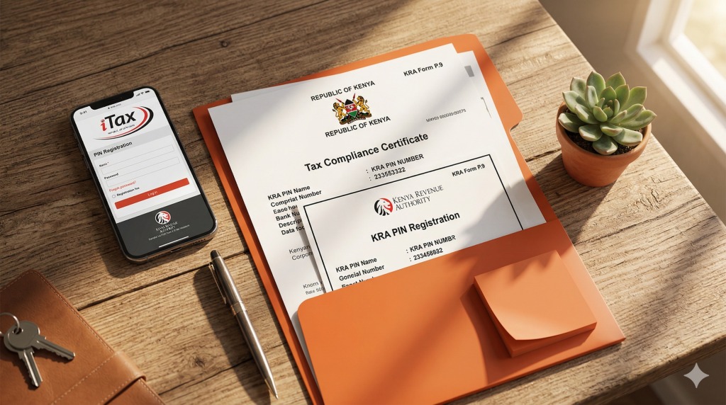 Kenyan government document or certificate, a smartphone showing a KRA PIN registration screen