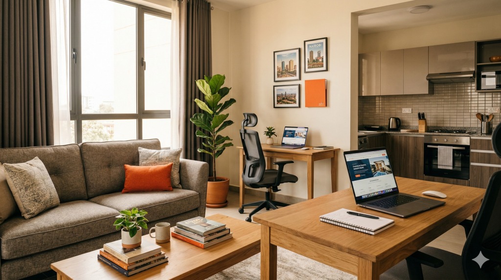 Furnished serviced apartment Nairobi business traveller workspace kitchen Trubay Stayz