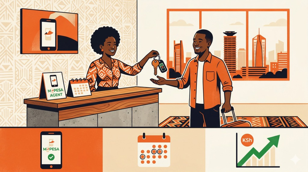 Kenyan host handing over house keys to a happy guest at a residential lobby.