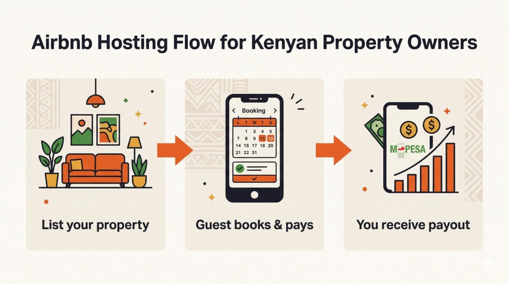 how airbnb hosting Kenya works — list property, guest books, M-Pesa payout flow diagram