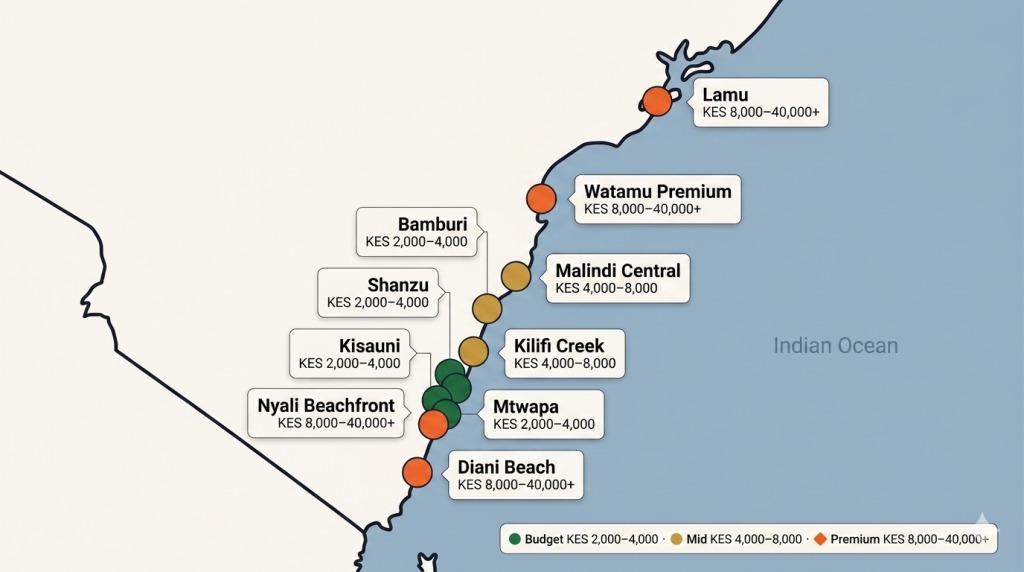 Kenya coastal short stay apartments map 2026 Mombasa Nyali Bamburi Diani Malindi Watamu Kilifi Lamu Trubay Stayz