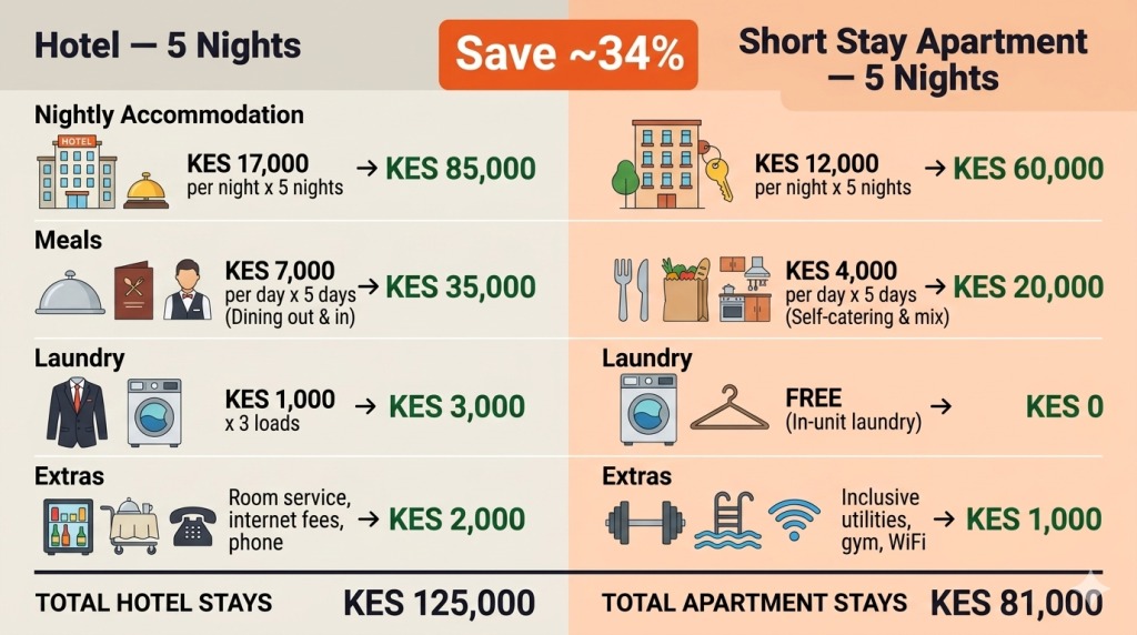 short stay apartment vs hotel Nairobi 5-night cost comparison 2026 Trubay Stayz