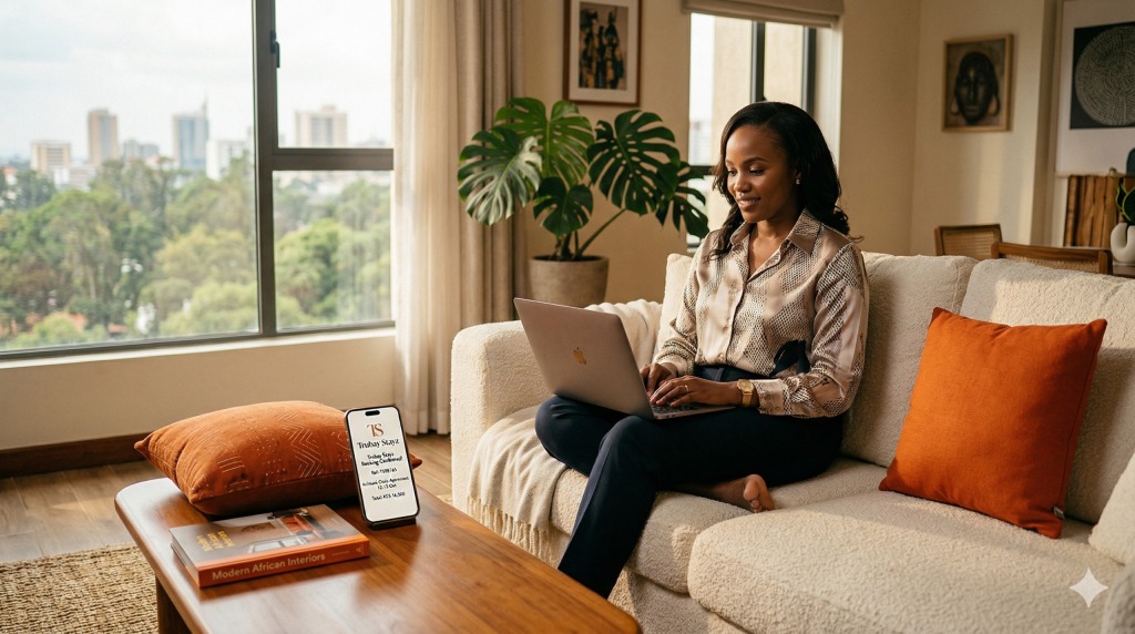 Kenyan property owner managing short-term rental easily via Trubay Stayz platform M-Pesa