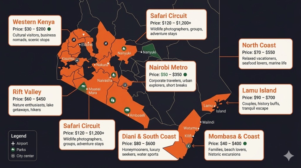 Kenya vacation rental regions map 2026 Nairobi Mombasa Diani Nakuru Kisumu Maasai Mara Trubay Stayz