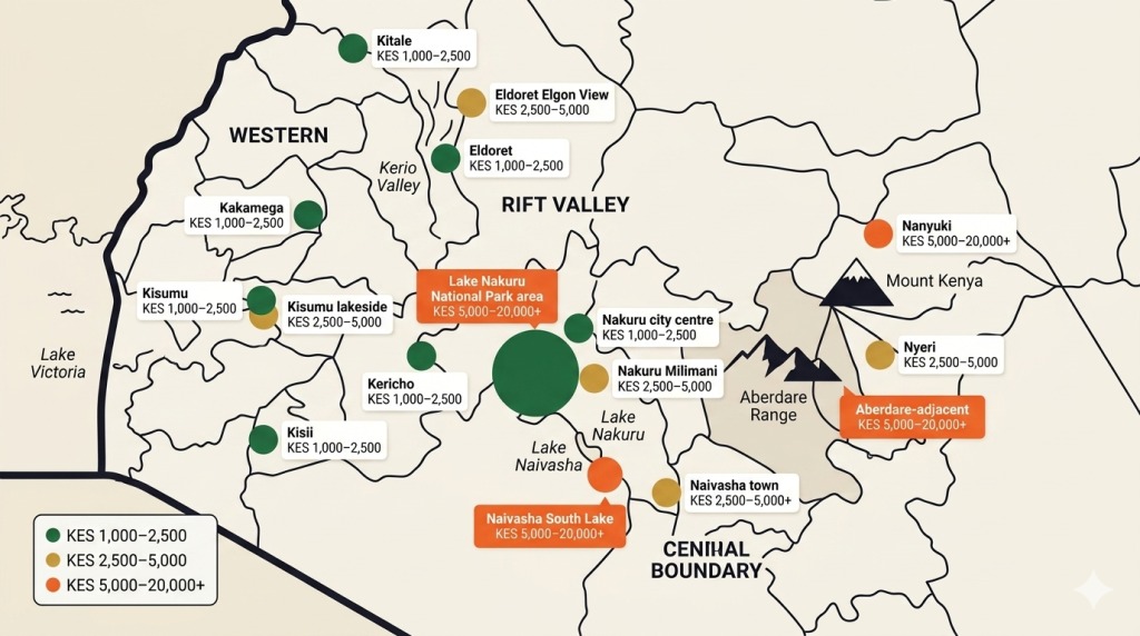 Kenya Rift Valley Western vacation rental map 2026 Nakuru Naivasha Kisumu Eldoret Nanyuki Trubay Stayz