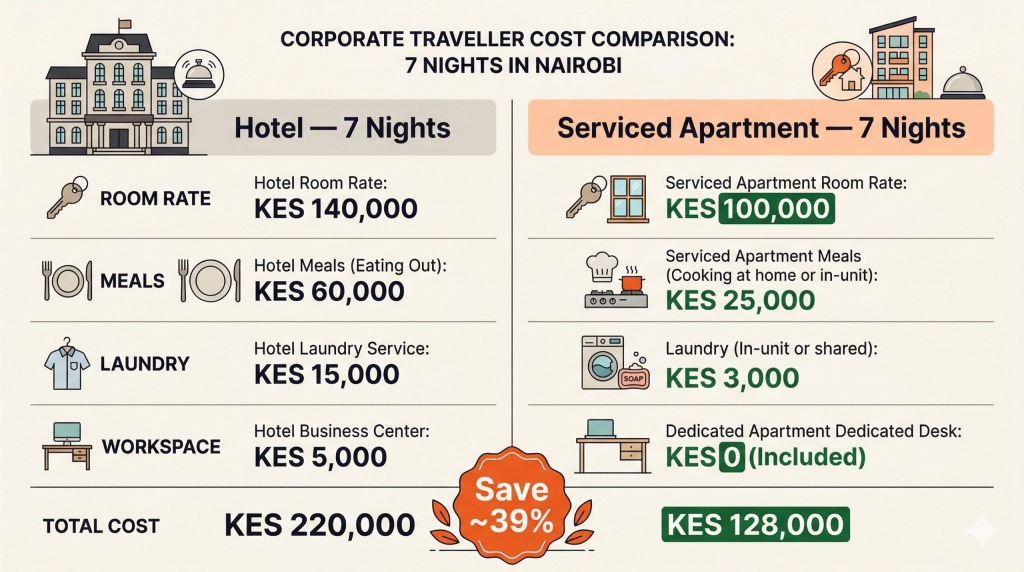 Serviced apartment vs hotel Nairobi 7-night cost comparison business traveller savings 2026