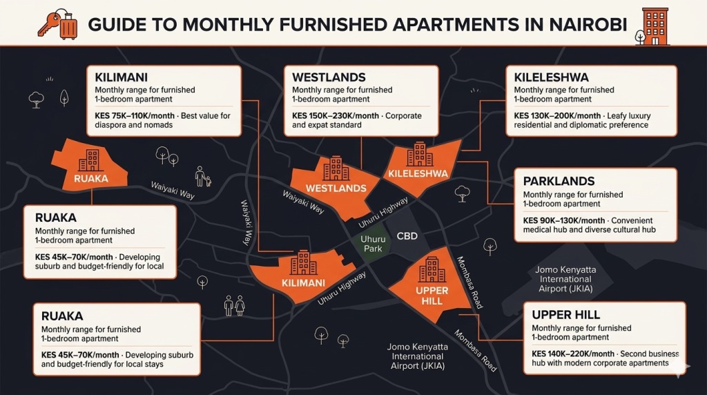 Nairobi furnished apartments monthly price map 2026 by neighbourhood Kilimani Westlands Trubay Stayz