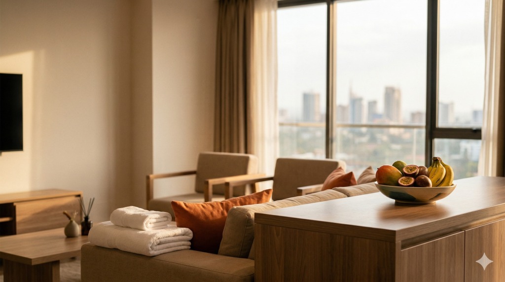 A living room picture for a short stay apartment in Nairobi, ready for Guest booking.