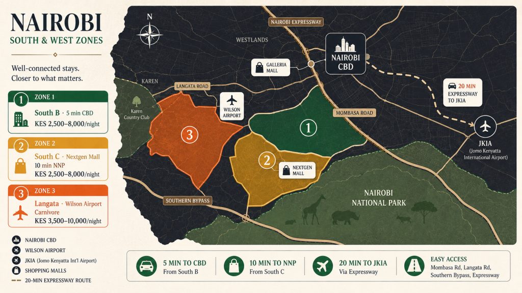 short stay apartments South C Nairobi Nextgen Mall Nairobi National Park Langata map 2026