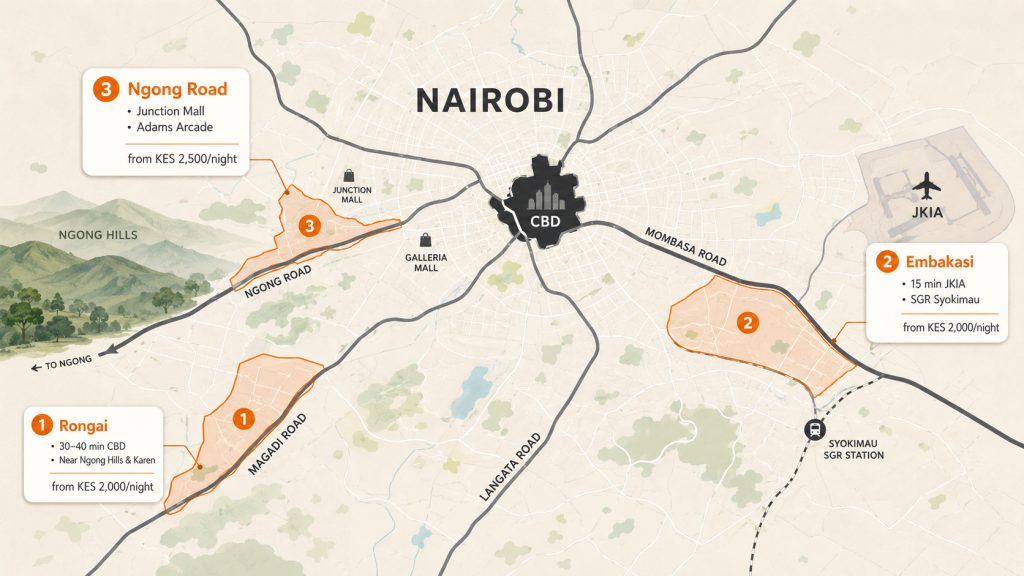 short stay apartments Embakasi Nairobi JKIA SGR Rongai Ngong Road map 2026 Trubay Stayz